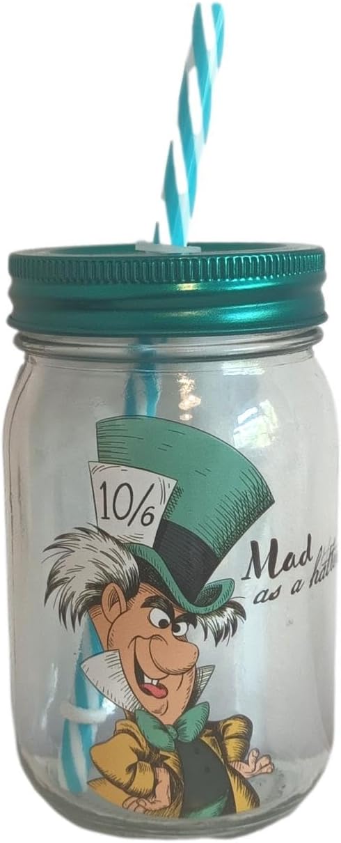 Paranoid Fish Mad Hatter Drinking Glass Mason Jar with Lid and Straw Alice In Wonderland