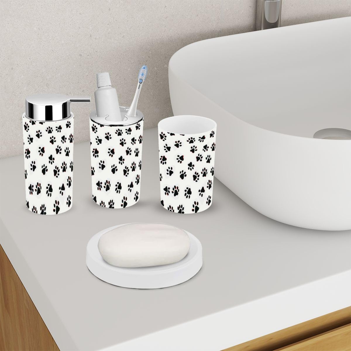 Bathroom Accessory Set 6 Piece Seamless Prints Paw Cute for Foot Puppy Toothbrush Holder, Toothbrush Cup, Soap Dispenser, Soap Dish, Toilet Brush Holder, Trash can, rmjf96ropxH8O-6j