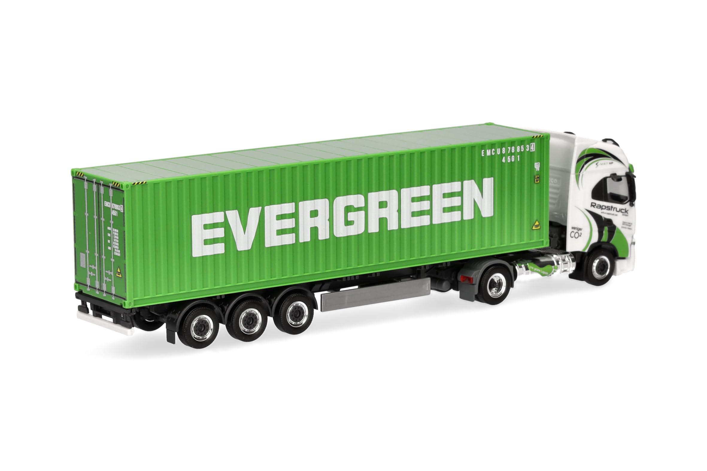 Herpa model ciężarówki Iveco S-Way LNG 40ft zestaw kontenerowy „Rapstrucks/Evergreen”, miniatura w skali 1:87, model kolekcjonerski, wyprodukowano w Niemczech, tworzywo sztuczne