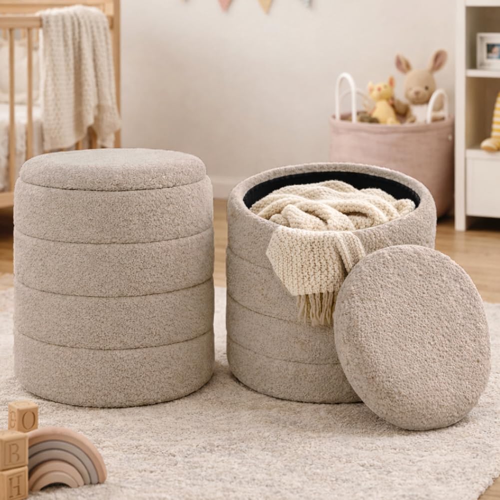 BAKAJI Set 2 Pouf Contenitori Teddy con Rivestimento Bounclè, Poggiapiedi Tondo con Seduta Imbottita ad Alta Densità Ergonomica, Coperchio Removibile e Vano Portaoggetti Capiente (Beige)