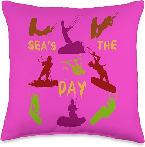 Kitesurfer Silhouette Pattern with Seas The Day Quote 3 Throw Pillow, 16x16, Multicolor
