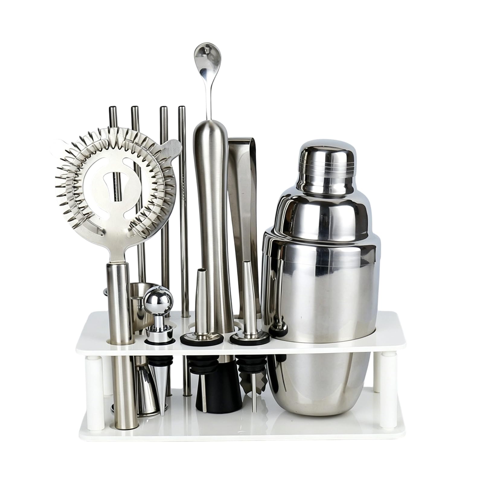 Lot de 14 shaker à cocktail de 550 ml avec support, accessoires de bar, kit cadeau de barman, shaker à cocktail avec outils de bar importants, shaker en acier inoxydable pour fête (blanc)