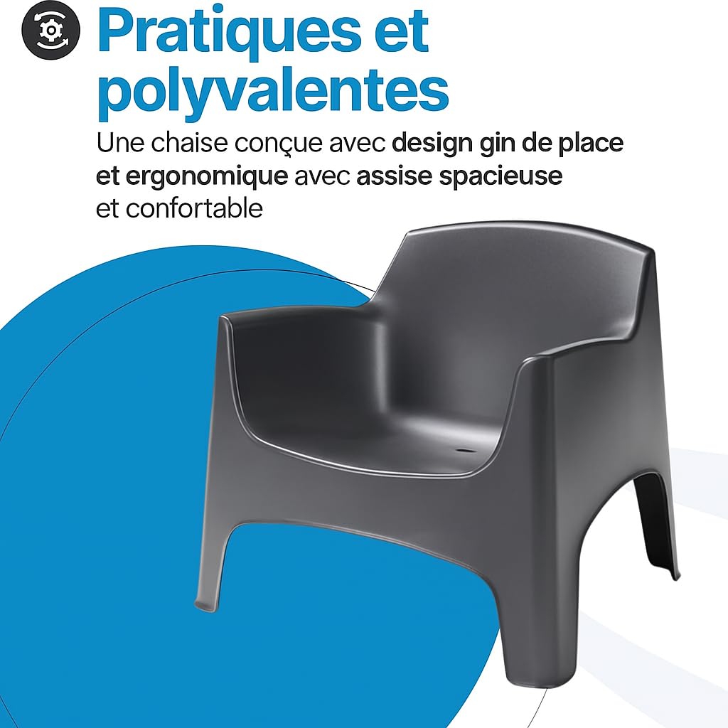 Tomaino - Fauteuil d'Extérieur Ibiza XL en Plastique - Chaise de Jardin Empilable Noir - 79 x 74 x 70 h cm