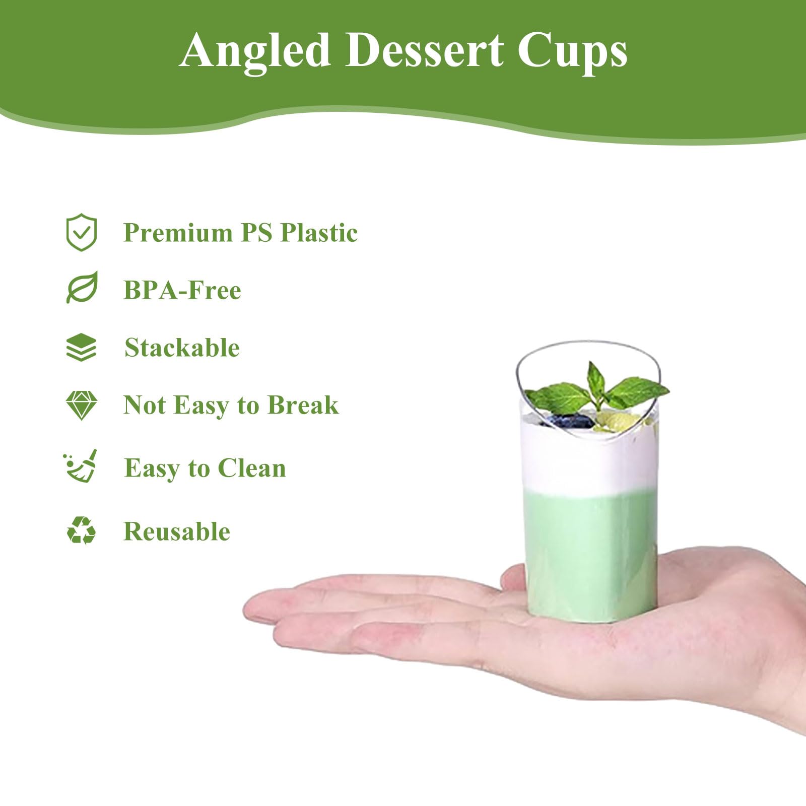 150 mini vasos de postre en ángulo, vasos de postre redondos de 70 ml, vasos de postre transparentes de plástico reutilizables para servir postres, aperitivos, mousse