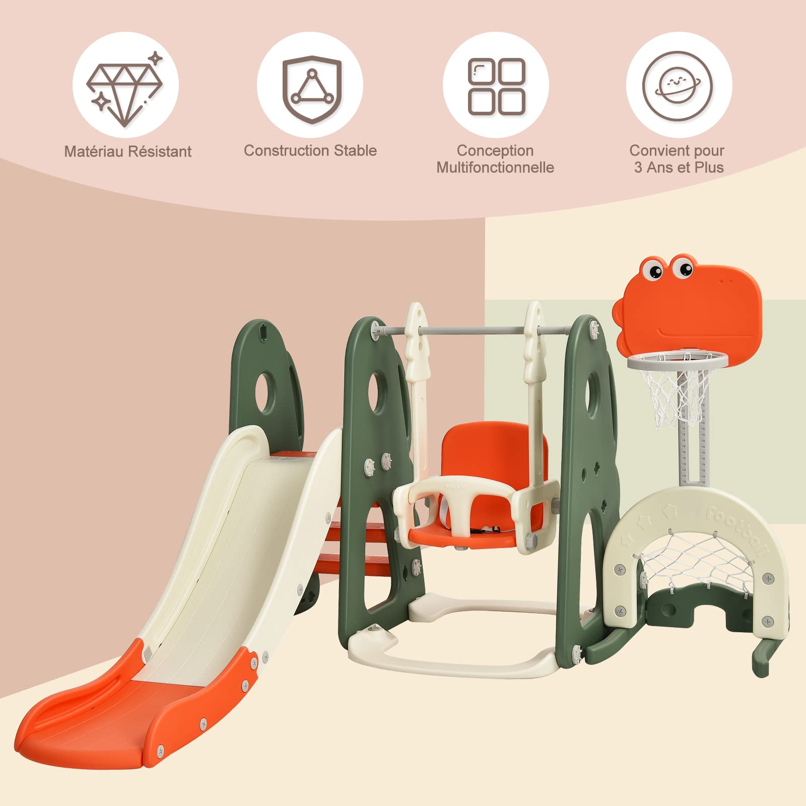 GOPLUS - Juego de tobogán y columpio 6 en 1, con cesta de baloncesto, altura ajustable, fútbol y golf, diseño de dinosaurio, para 3-8 años, escalada para interior y exterior (Dinosaurio naranja)