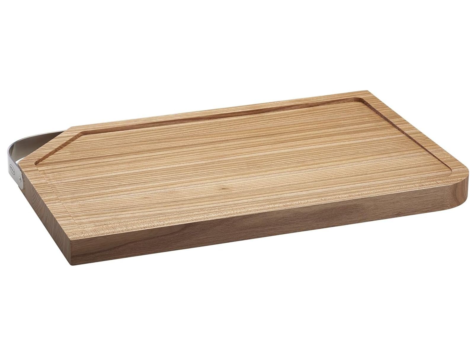 RÖSLE Schneidebrett mit Edelstahlgriff, 48x32cm, Hochwertiges Schneidebrett Holz aus robustem Ulmenholz, Holzschneidebrett für universellen Einsatz, rutschfestes Küchenbrett und Servierbrett