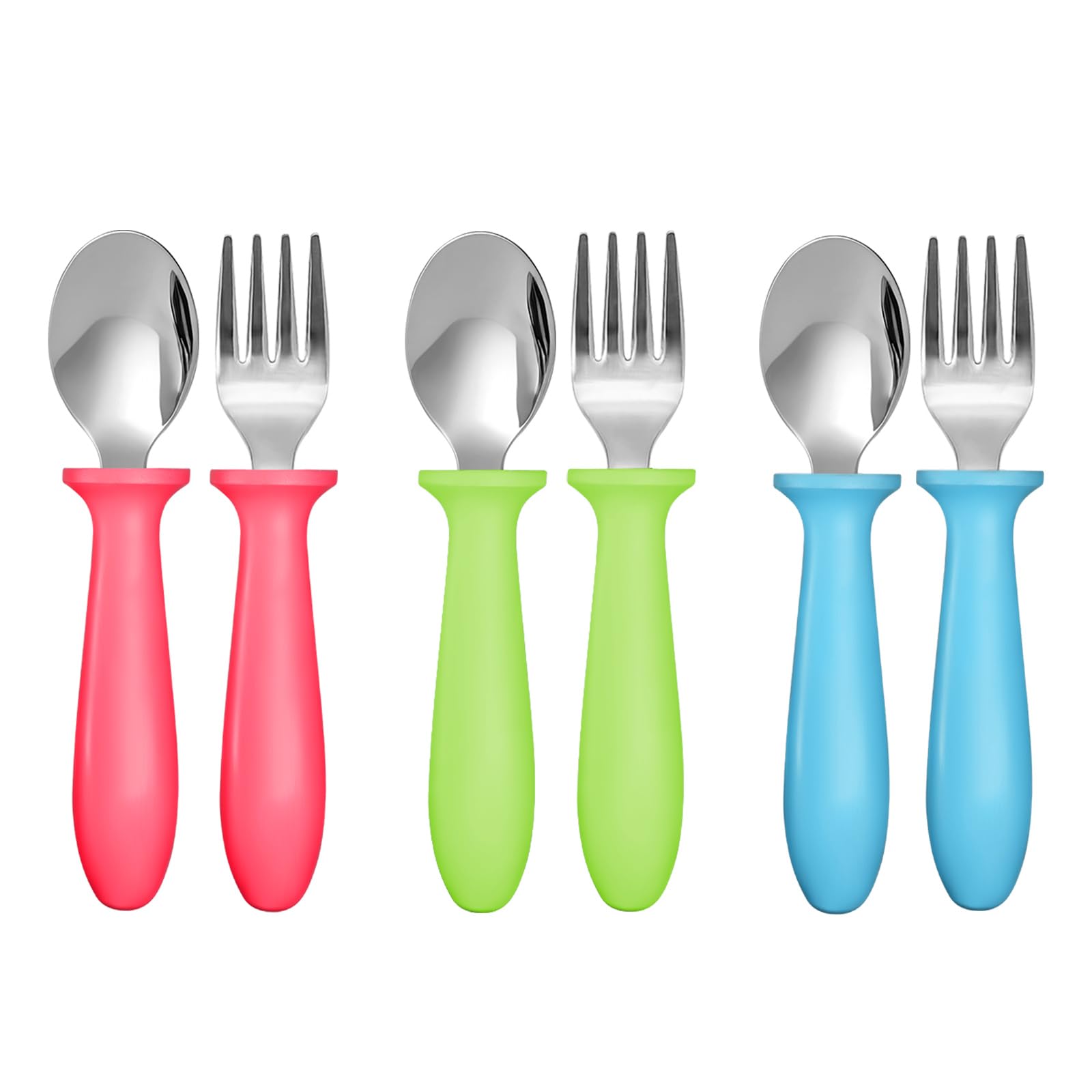 Pimoys Toddler Fork and Spoon Set, 6 Pieces, Stainless Steel, Colorful
