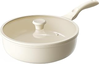 Redchef Frying Pan 11 in with Lid, Ceramic Nonstick Frying Pan for Induction, Omelette Pan for All Types of Cookers, PTFE Free, PFAS-Free, PFOA Free, Scratch-Proof, Dishwasher Safe (Beige)