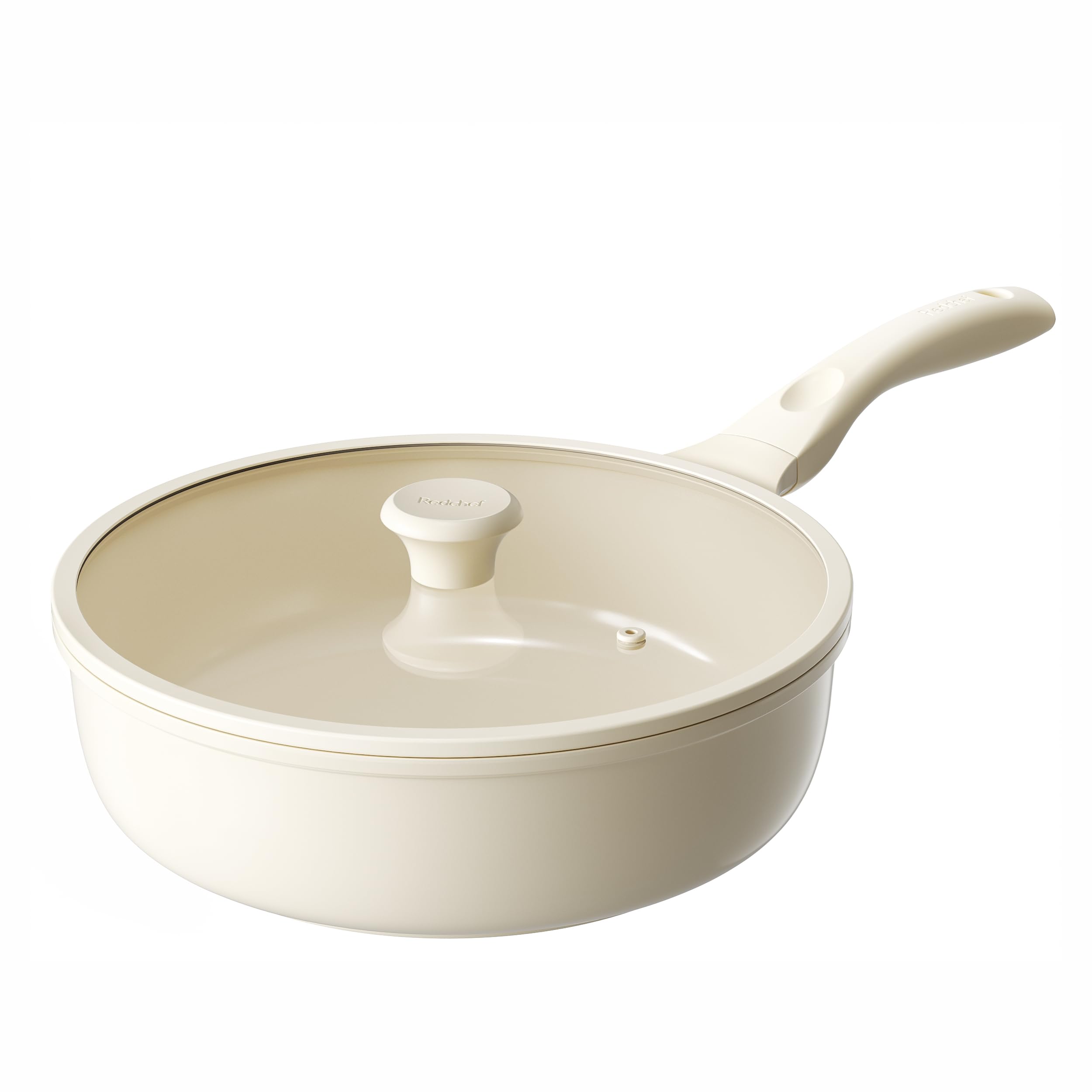 Redchef Koekenpannen keramische pan 26 cm met deksel, keramische coating, braadpannen 26 cm, geschikt voor inductie, duurzame antiaanbaklaag, keramiek, PTFE-vrij, PFOA-vrij, PFAS-vrij, beige