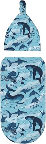 Miniatura 8 de Manta envolvente para recién nacido, con diseño de delfines, tiburones, ballena, pulpo, manta suave con gorro, regalos para niños y niñas