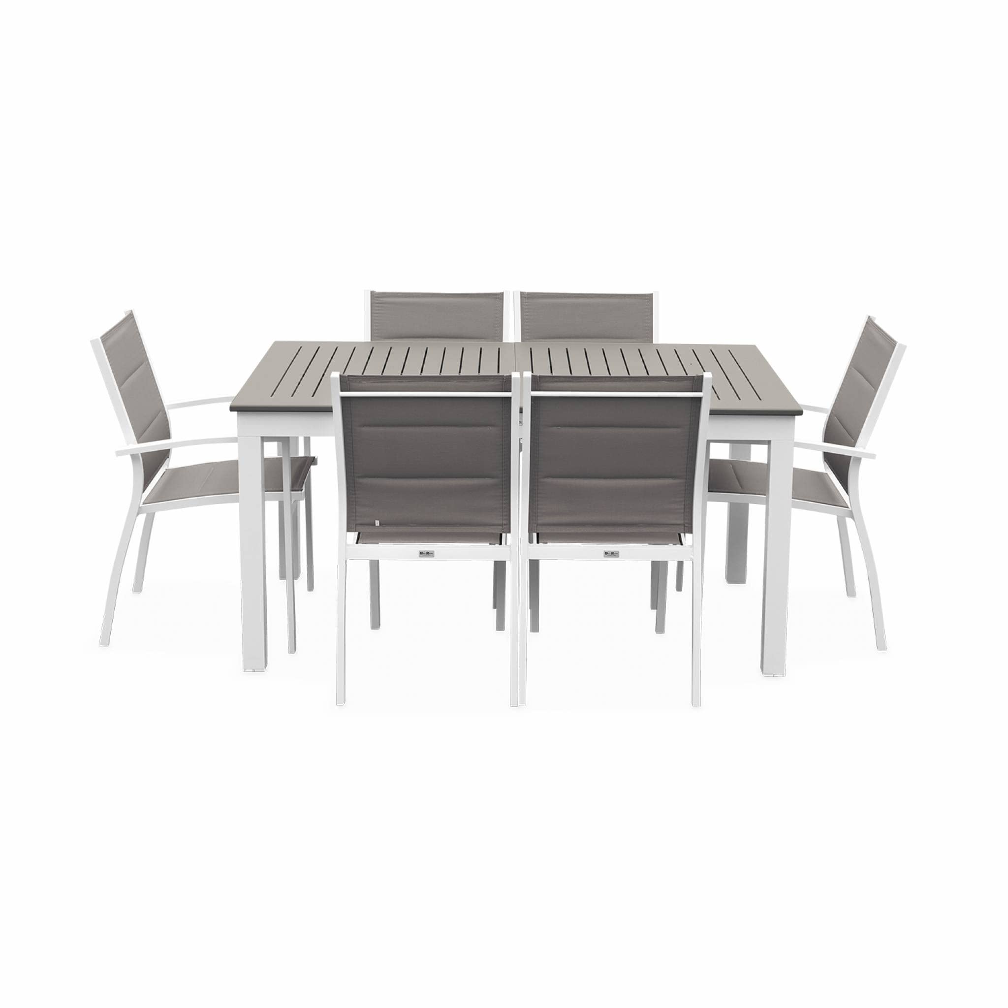 Alice's Garden - Table de Jardin Extensible Aluminium + 6 assises - Chicago 210 Taupe - Table en Aluminium 150/210cm avec rallonge et 6 assises en textilène