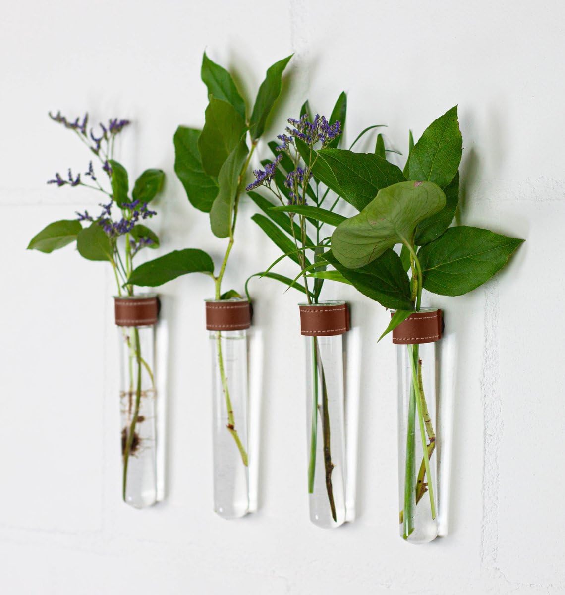 Magnetic Wall Hanging Plant Propagation Station - 4PC - Cognac Leather Wrapped Test Tube Vase Set, Modern Home and Office Decor, Hydroponic Plant Holder, Includes Wall Mount Magnets