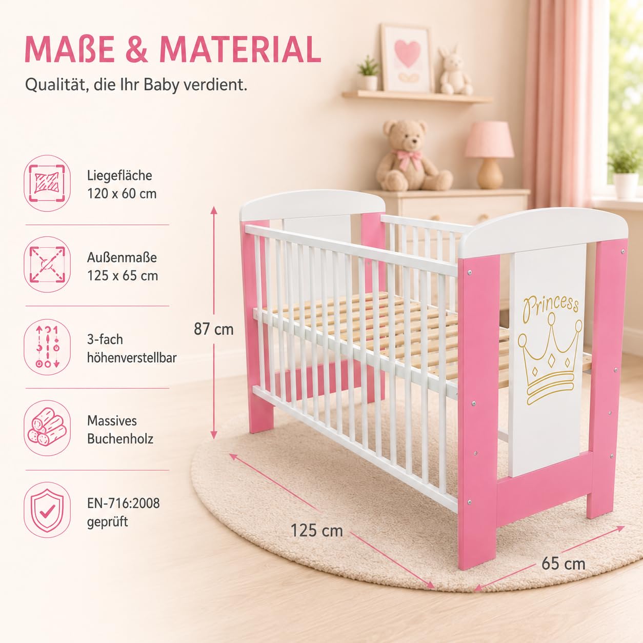 Kompletny zestaw łóżeczka niemowlęcego w 3 kolorach: łóżeczko z kratką, Baby Crib z materacem piankowym 10 cm, białe, 60 x 120 cm, 4-częściowy (różowy księżniczka z materacem)