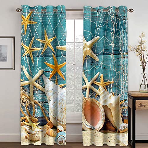 SHATOS Cortinas Cocina Ventana Opacas 2 Piezas Modernas 110X140cm 3D Tabla De Madera Azul, Caracola, Estrella De Mar. Cortinas Opacas Termicas Aislantes Frio Y Calor con Ojales Cortinas Salon Moderna