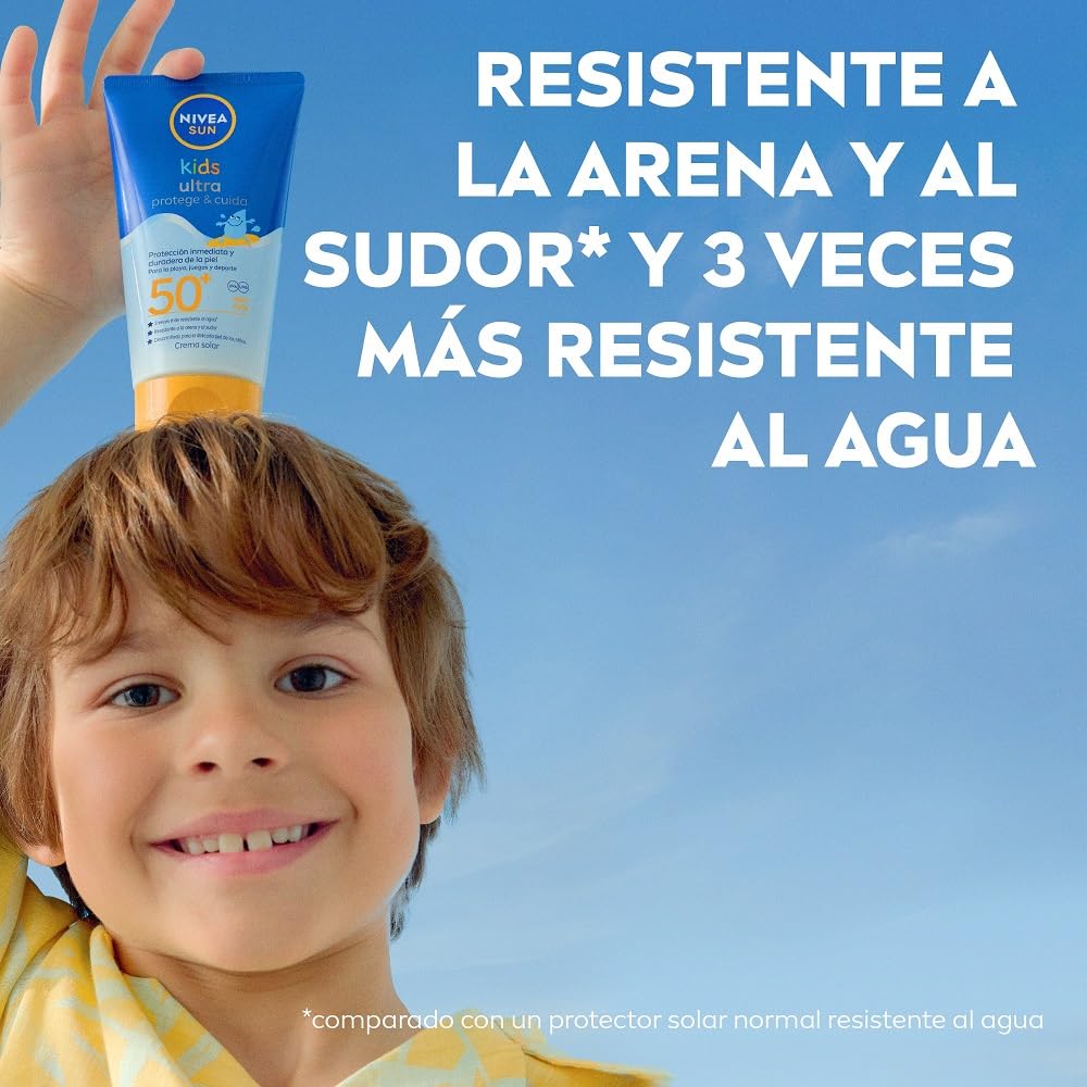 NIVEA SUN Kids Ultra Protege & Cuida FP50+ Crema solar para niños a partir de 3 años (150 ml), protector solar resistente al agua, crema hidratante con protección solar UVA & UBV
