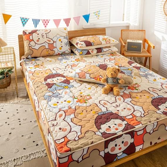 Printed Cotton Bedding Set 1 Fitted Sheet with 2 Pillow Cases Soft