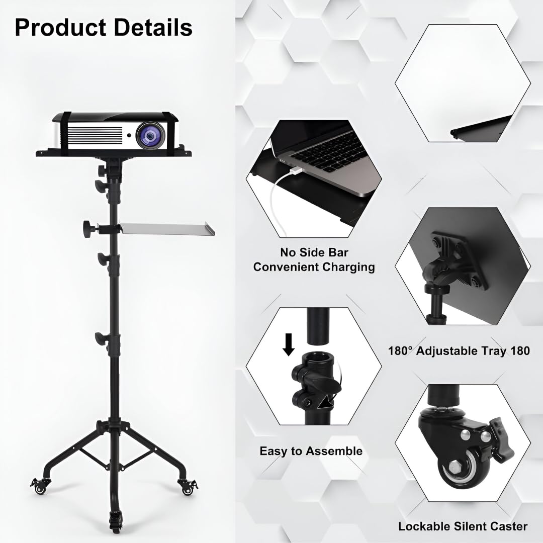 Powerpak WPH-06 4.5ft Adjustable Laptop Tripod Stand with Wheels | Heavy-Duty Projector Floor Stand with 2 Shelves for Projector Tripod Music, Office Home Portable Laptop 2