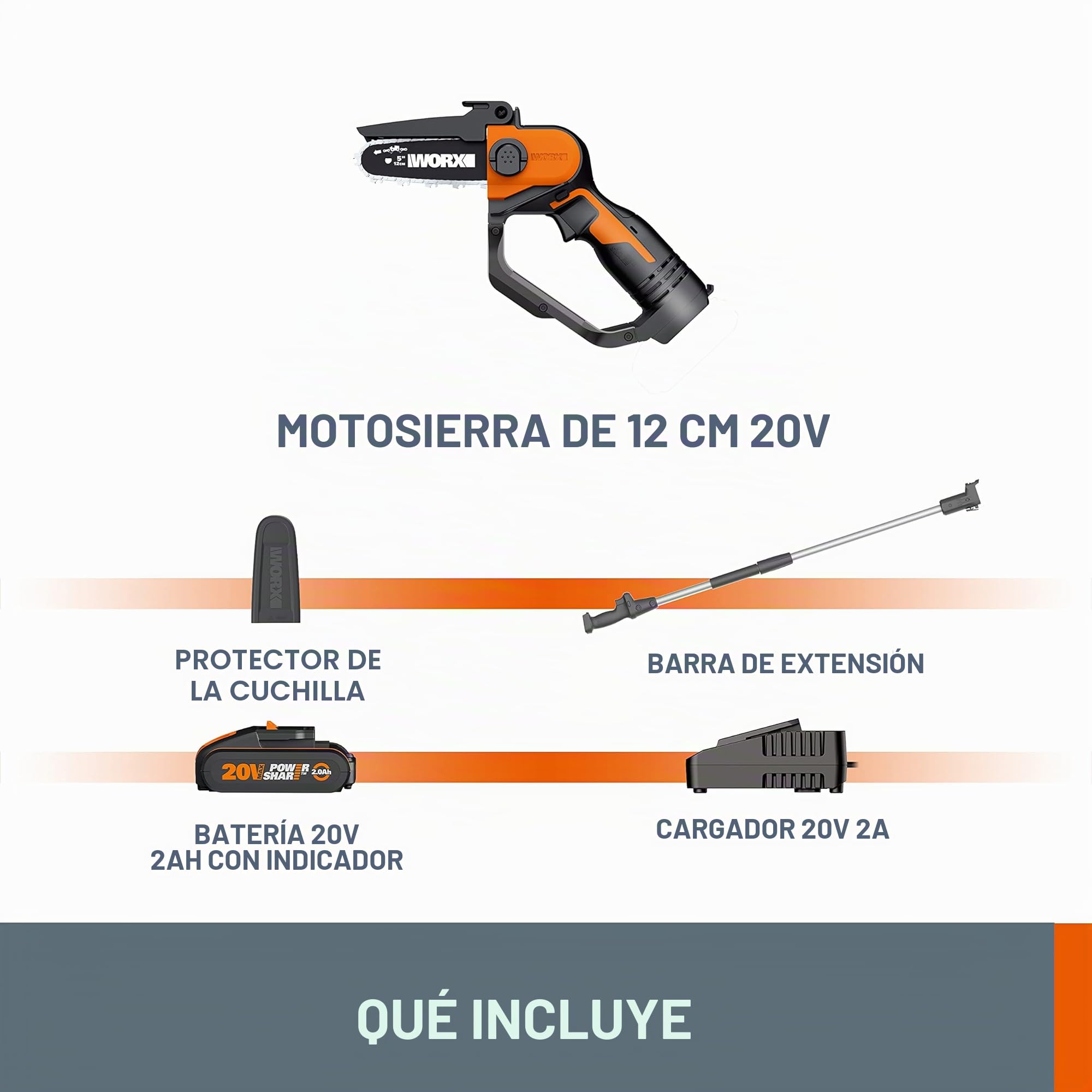 WORX Minimotosierra a batería 18 V (máx. 20 V) WG324E.1, PowerShare, 12 cm, carril de guía de baja vibración, ligera y portátil, 1 batería y 1 cargador incluido