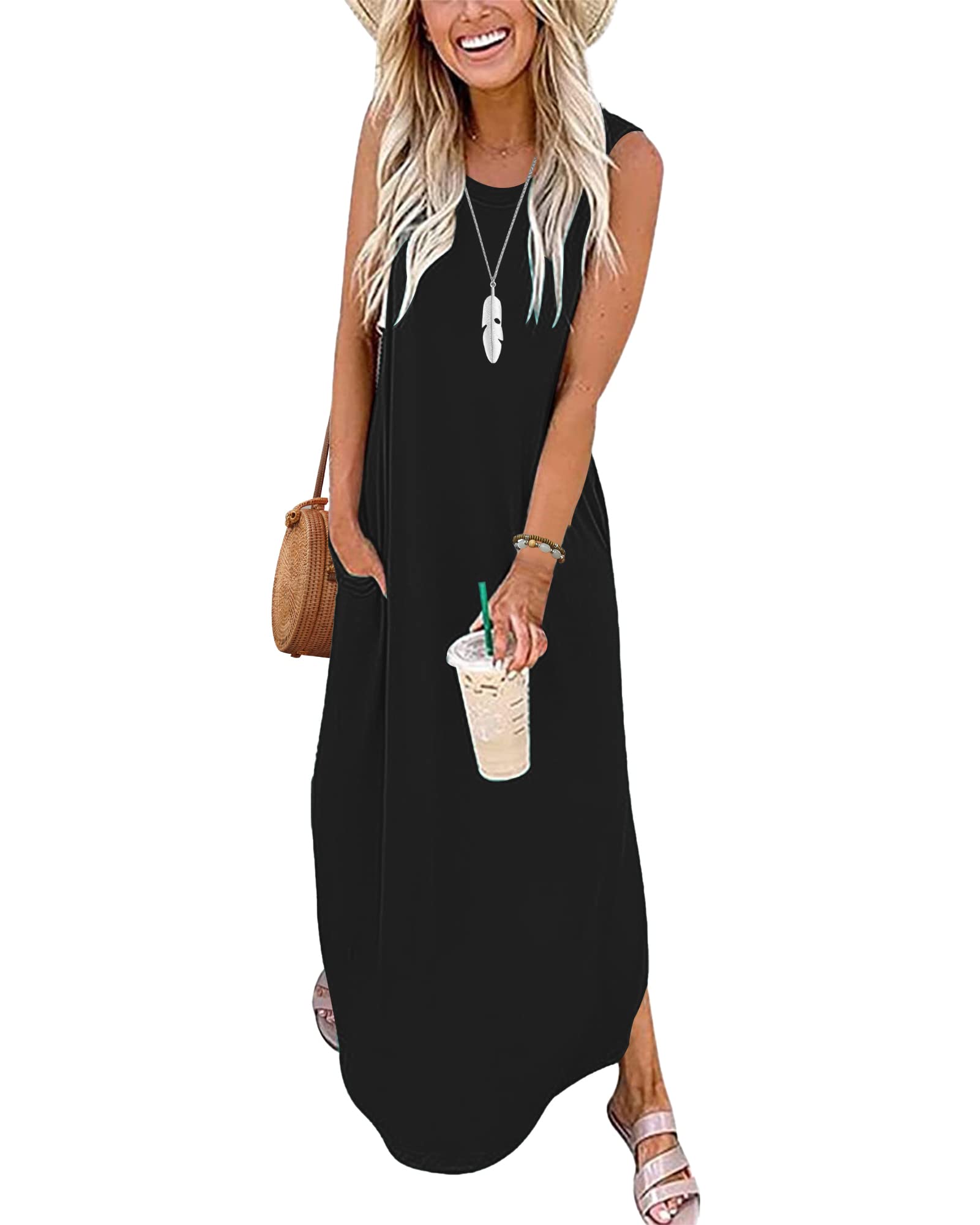 AUSELILY Vestito Donna Estivo Lungo Vestito Maxi Senza Maniche Vestito da Spiaggia Stampa Floreale Vestiti Casual Donna con Spacco Laterale e Tasche