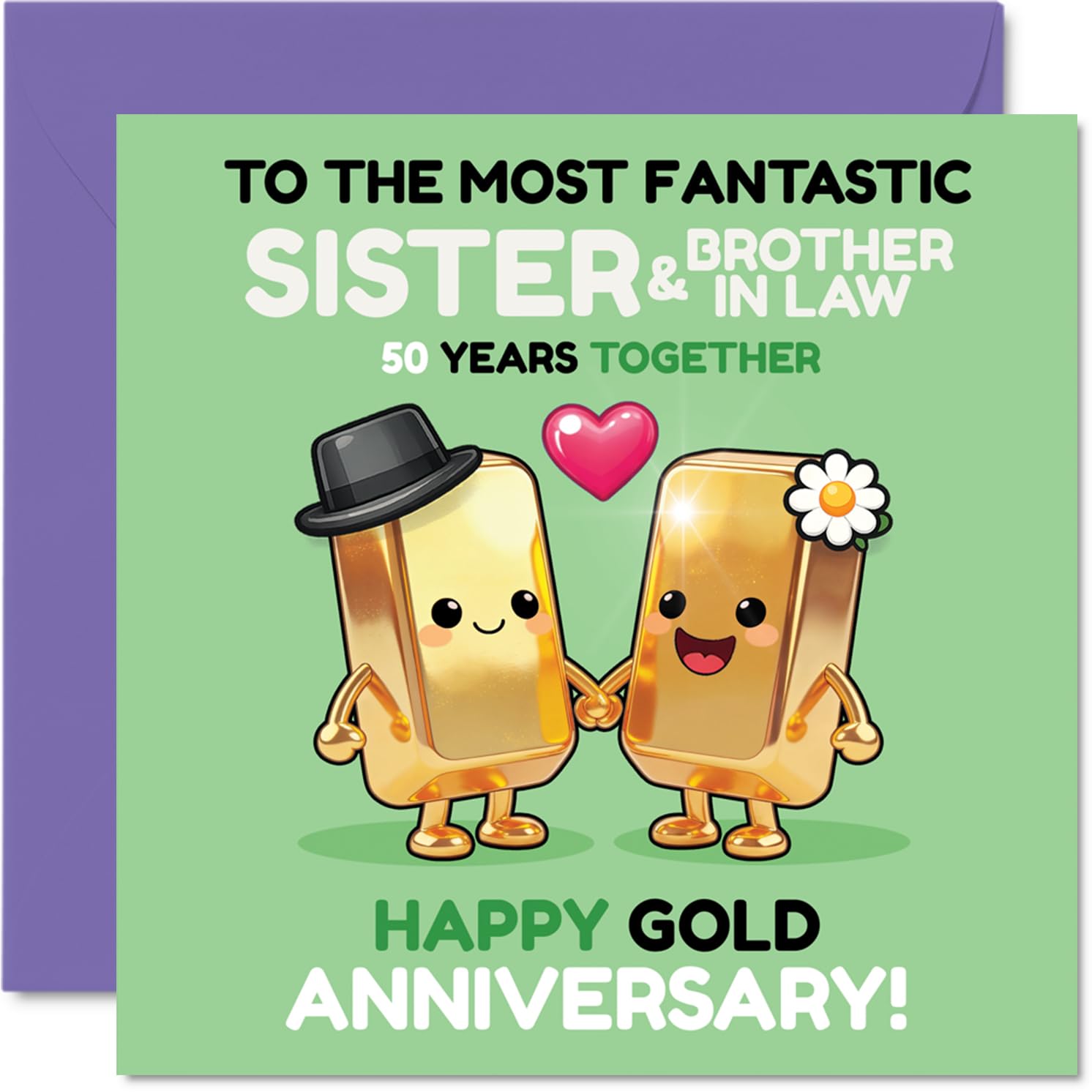Playful 50th Anniversary Card for Sister & Brother In Law - Celebrate 50 Golden Years with a Smile - Cheery Gold Bar Characters Hand-in-hand - 145mm Square, Envelope Included