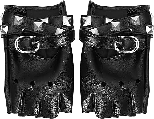 image for Skeleteen Fingerless Faux Leather Gloves - Black Biker Punk Gloves wit