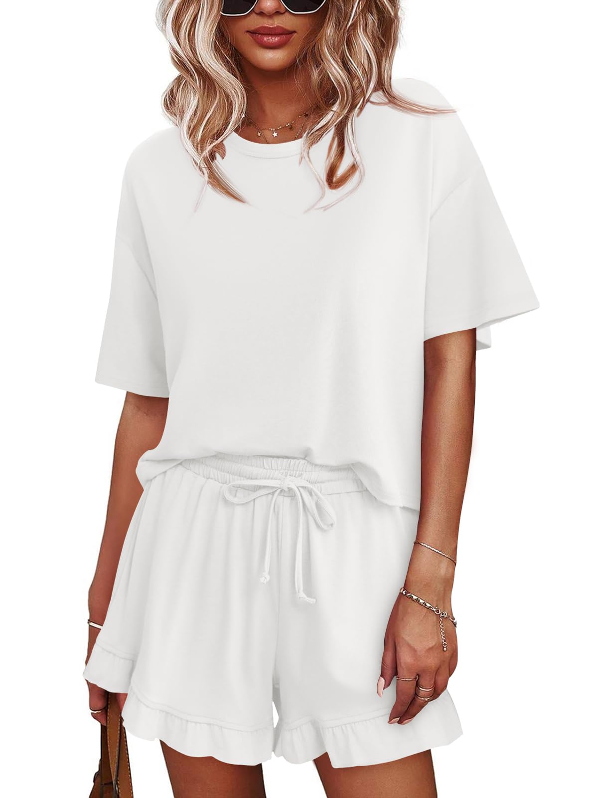 Tankaneo Womens Pajamas Set Lounge Sets Cropped Short Sleeve T Shirts Drawstring Ruffle Shorts Soft Sleepwear