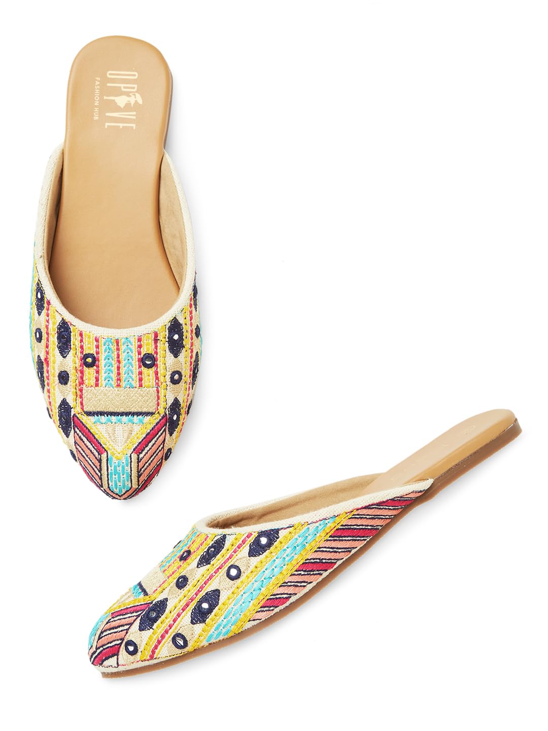 OPIVE's Women's Mojari Jutti Ethnic Punjabi Juttis Traditional Flat Embroidered Canvas Fancy Bellies|Attractive Design PVC Sole for Womens & Girls(of WHITE-38)-image-39