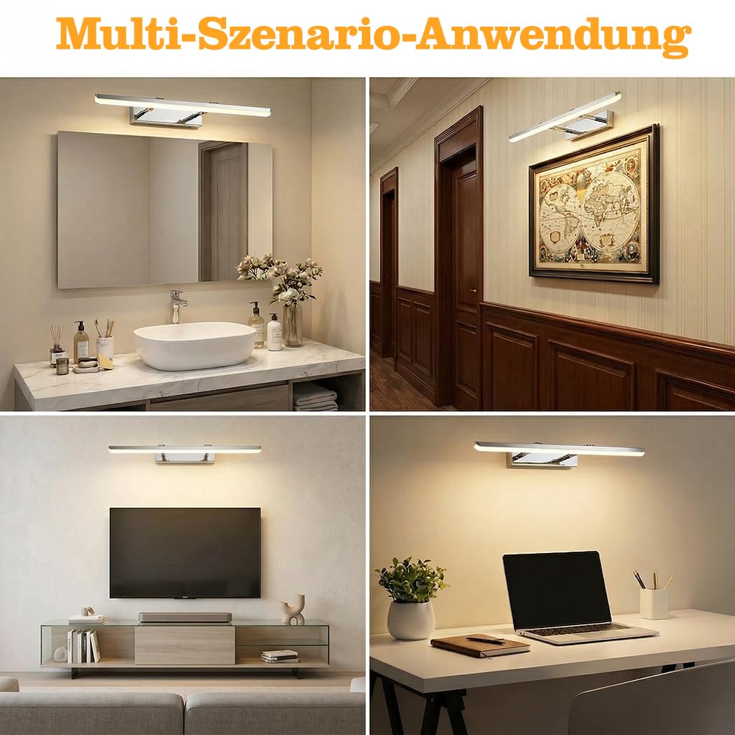 Spiegelleuchte Bad 40cm,9W Spiegelleuchte mit Verstellbarem Winkel | Drei Einstellbare Farbtemperaturen,800LM IP65 Moderne Spiegellampe Badezimmer,Teleskopstange,Rasur und Make-up Schlafzimmer