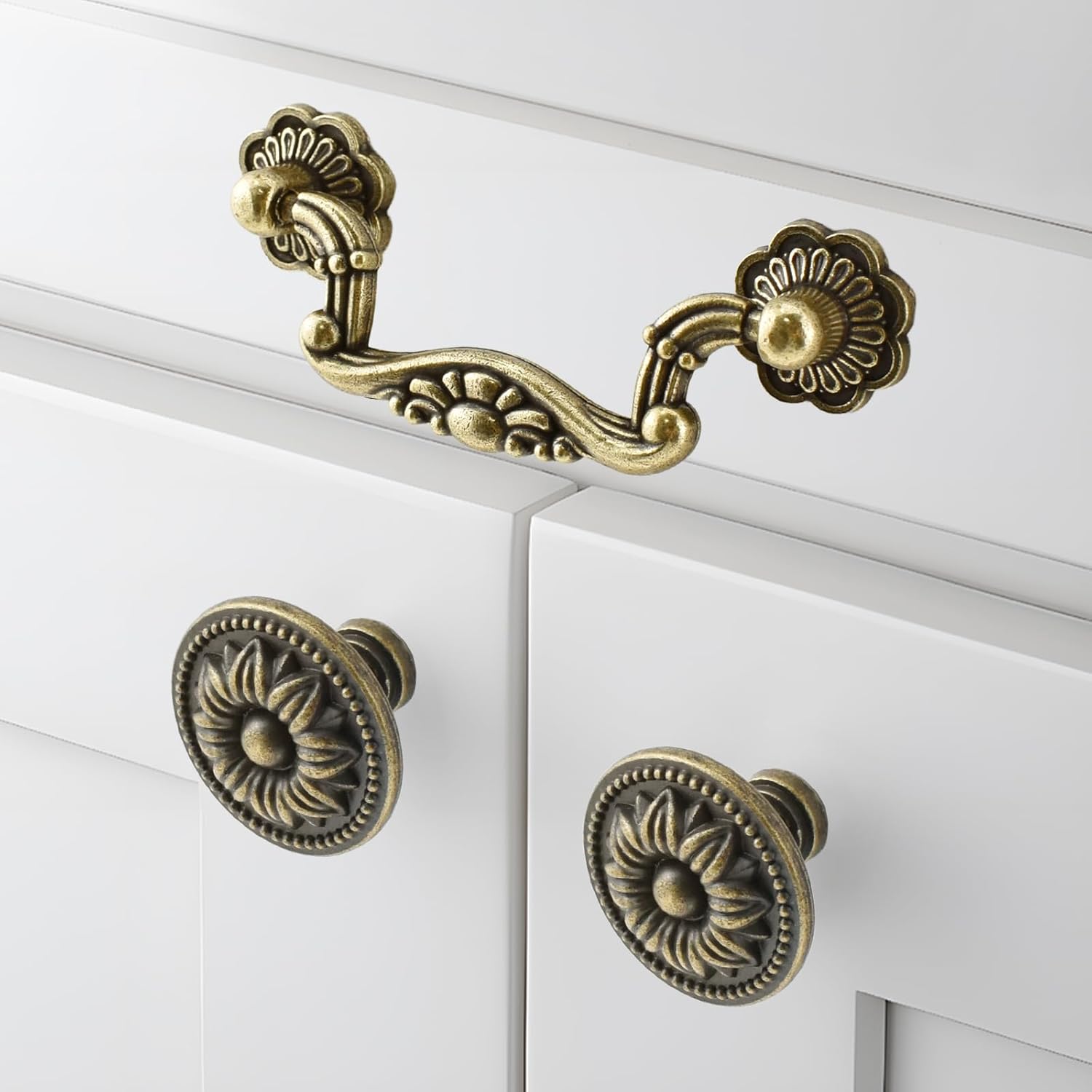 6 Pcs Vintage Drop Bail and Cabinet Drawer Knobs Kits, 3 Inch Hole Center Bail Handle Drop Pulls and Antique Flower Drawer Knobs for Kitchen Cabinets Cupboard Closet