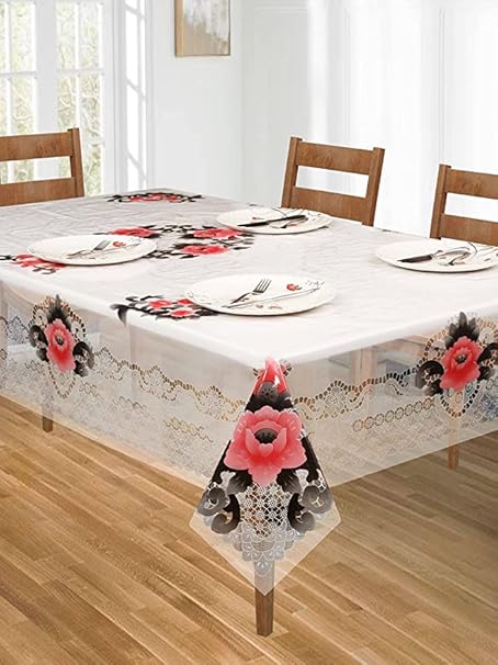 CASA-NEST Designer Transparent Floral 4-6 Seater 54X78 inch Dining Table Cover-Red printed002