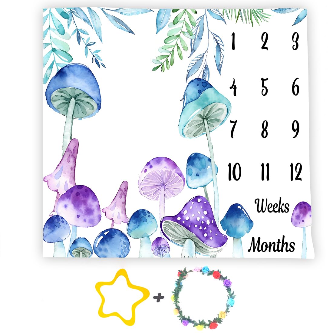 Mushroom Baby Monthly Milestone Blanket Tropical, Purple Blue, 48x48in