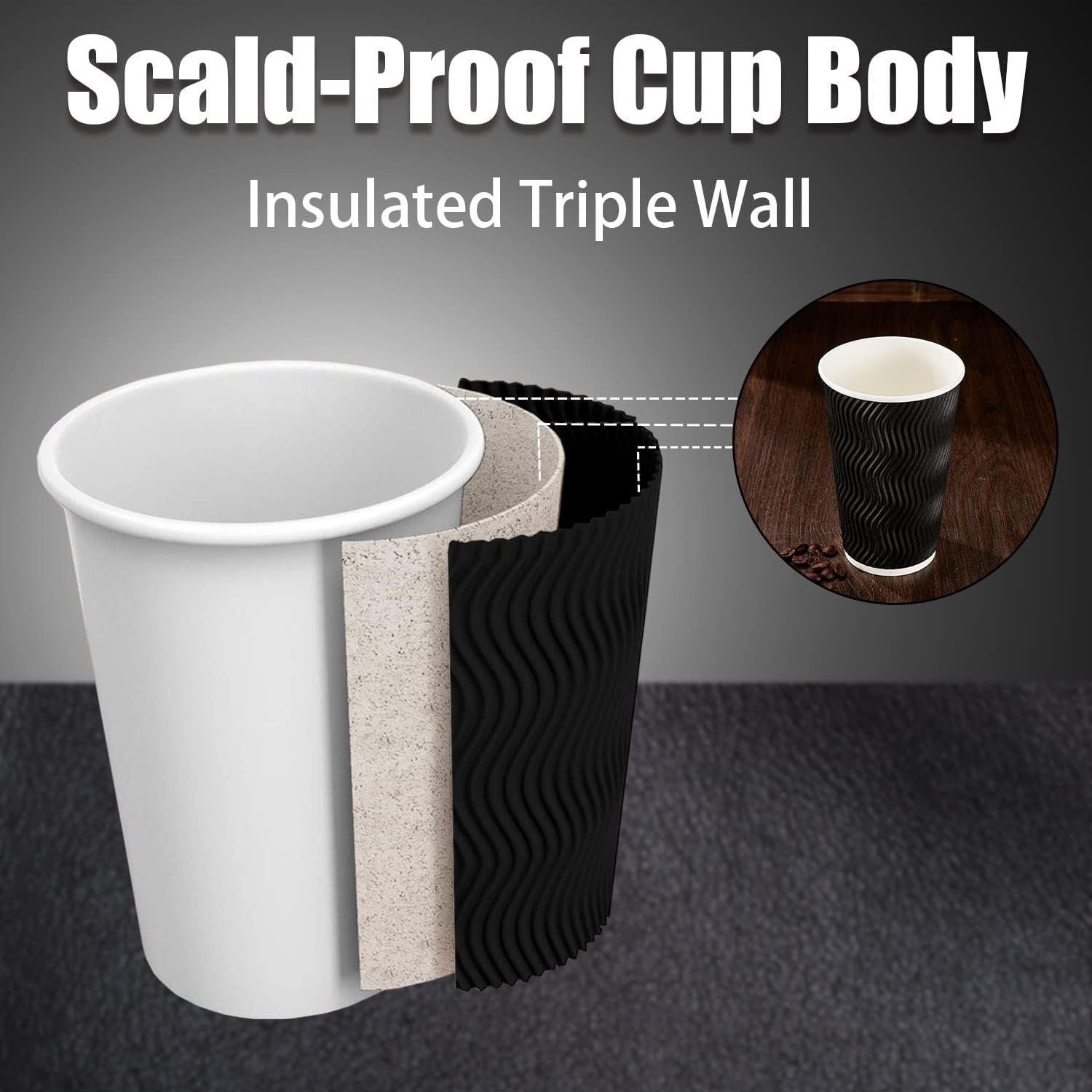 Lamosi 16 oz Coffee Cups - 90 Pack, Disposable Insulated Corrugated Paper Cups 16oz, Kraft Ripple Wall Cups for Hot Beverage or Cold Drinks (Black) - Image 3