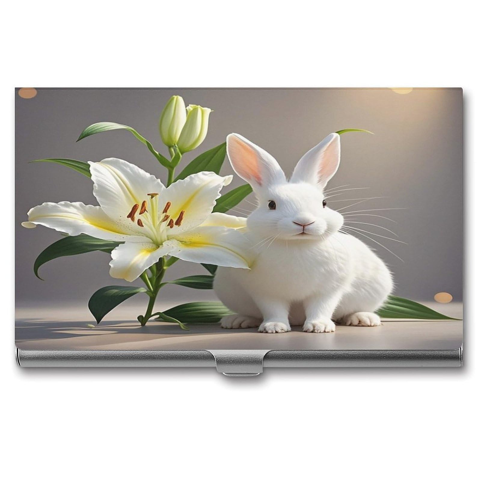 FekiLoot White Rabbit And Lilies Business Card Holder Aluminum Alloy Business Card Case Convenient to Carry Business Card Dispenser for Men Women