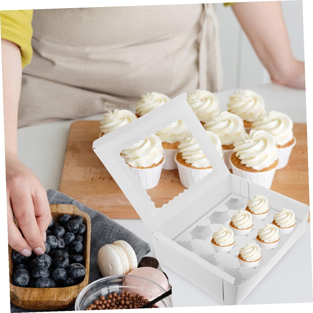 NUOBESTY 10pcs Paper Cupcake Boxes with Window, Muffin and Egg Tart Paper Packaging, White Cardboard Baking Pastry Boxes for Bakery and Party Food Storage