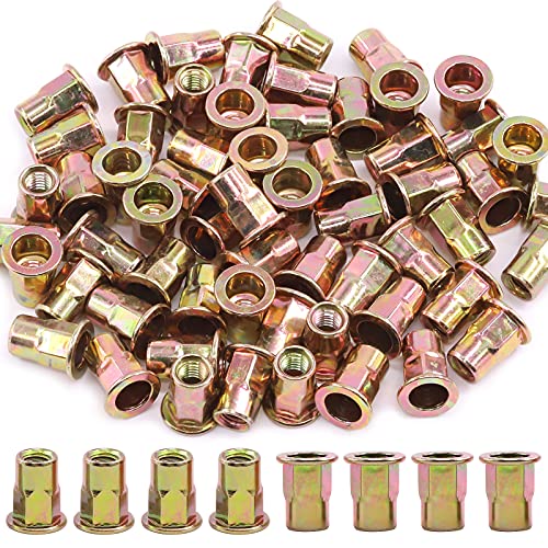 Cimeton M3 4 5 6 8 10 12 Carbon Steel Zinc Rivet Nuts Flat Head Half Hex Body Rivnut Insert Nutsert Fasteners (60PCS-M6)