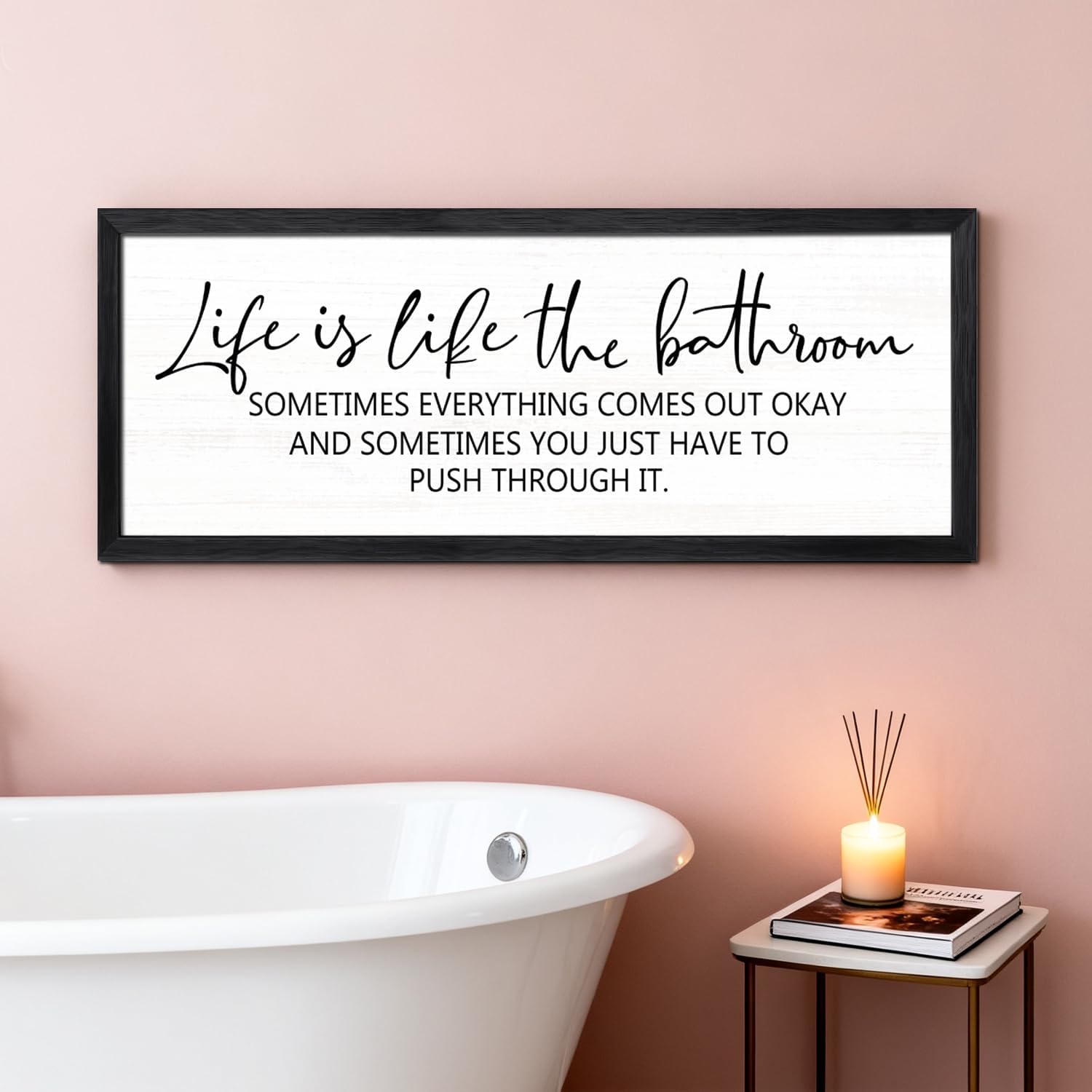 Life is Like the Bathroom Wooden Sign Framed Wall Art, 32''×12'' Horizontal Inspirational Quote Wood Plaque above the Bathtub, Farmhouse Long Motivational Saying Wood Sign Wall Decor for Bathhouse (Life is Like the Bathroom, Black, 32"x12")