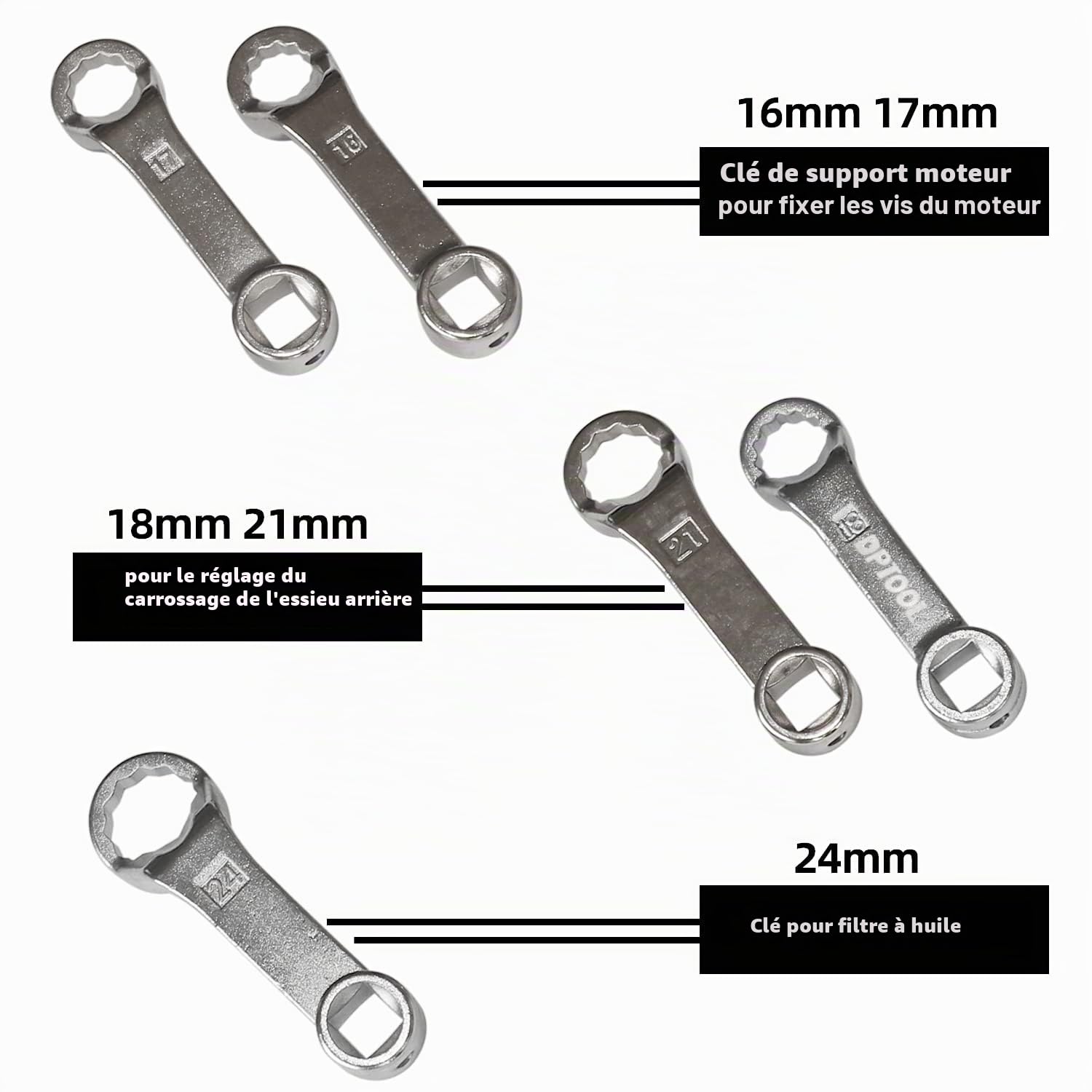 DPTOOL Clé de réglage de carrossage arrière 16 mm 17 mm 18 mm 21 mm 24 mm 5 vis de fixation moteur décalées de retrait de filtre à huile compatible avec le remplace Benz pour VAG