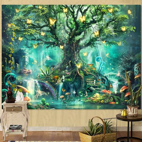 Zussun Fantasy Forest Tapestry Green Fairy Magical Tree Of Life Tapestries For Bedroom Aesthetic Nature Plant Tapastry'S Wall Hanging Mushroom Butterfly Elves Wall Tapestry For Living Room Dorm thumb #3