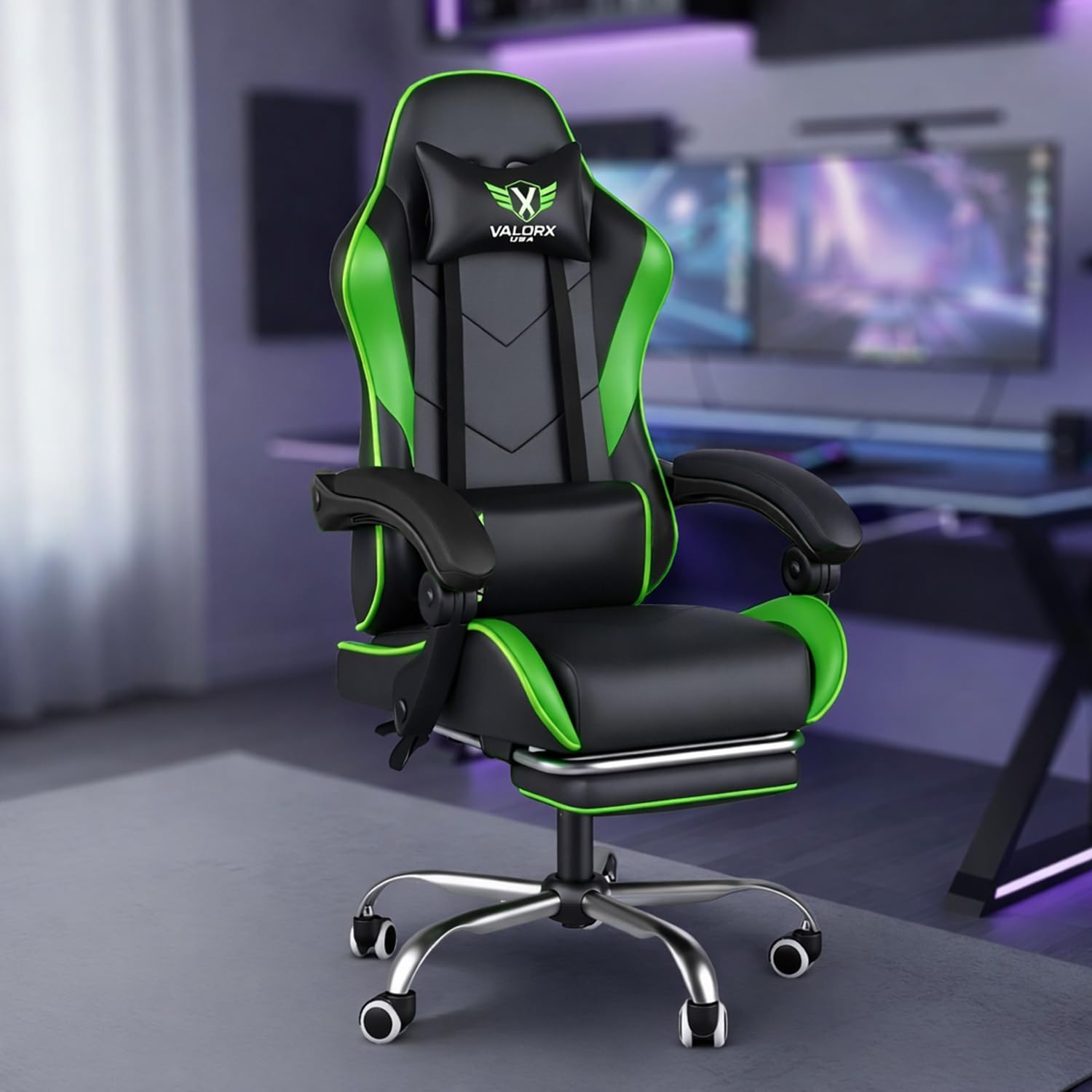 Vector 2026 Edition I Ergonomic Gaming & Computer Chair in PU Leather | Dual Massager Back Cushion | Adjustable Neck & Lumbar Support | Ergo-Sync Armrests |Retractable Footrest (Neon Green)-image-26