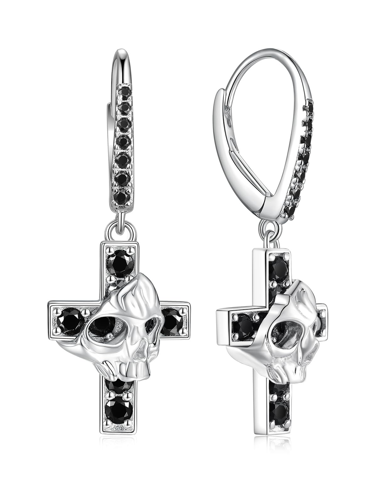 Black Moissanite Skull Cross Earrings for Men Women, D1.00ct Dark Black Moissanite Claw Earrings, Solid 925 Sterling Silver Rhodium Finish Hypoallergenic, Halloween Gothic Jewelry, Father's Day Ideal Gift for Him