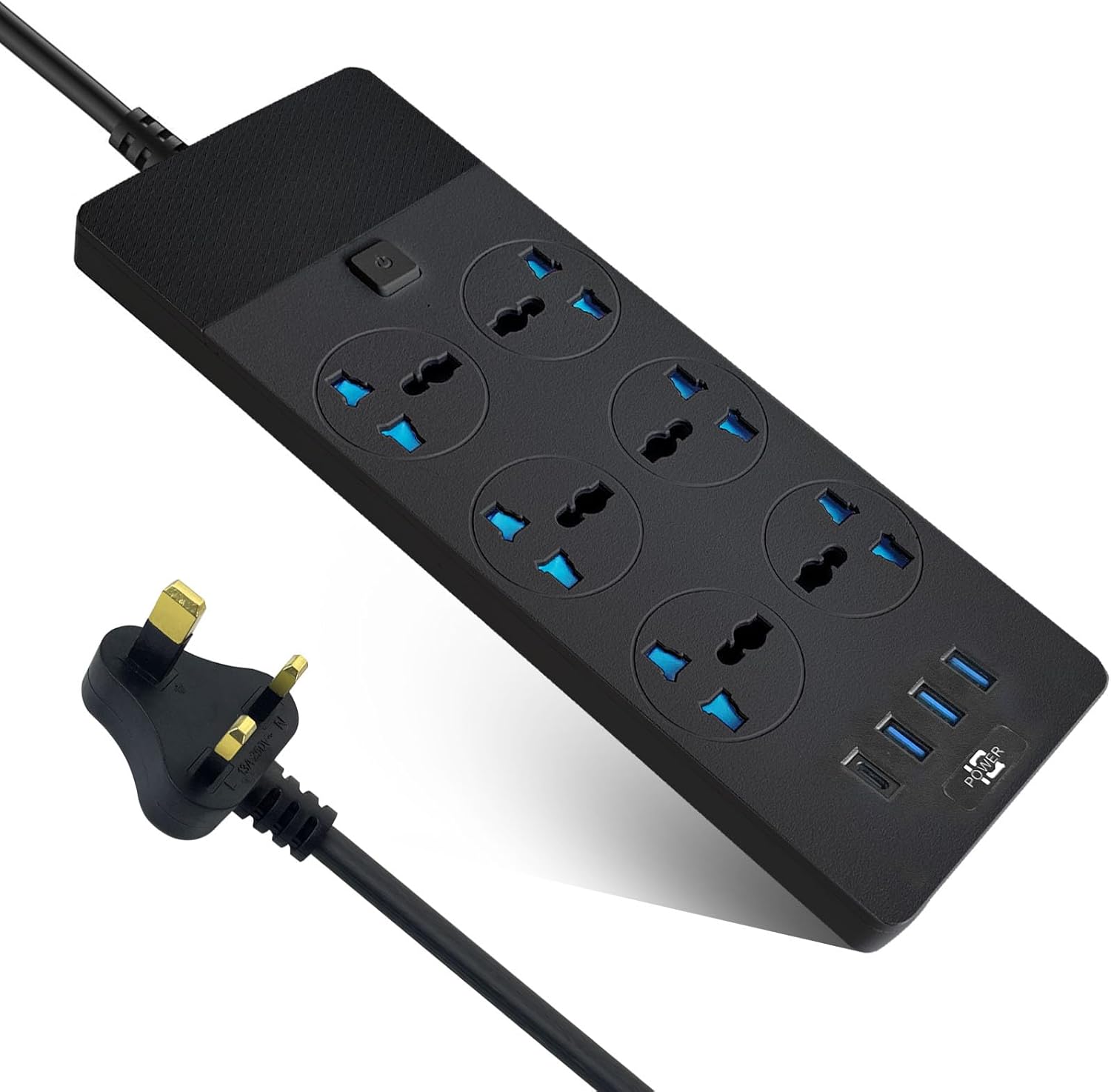 SKY-TOUCH Power Strips Extension Cord 6 Outlets, UK Plug Universal Plug Adapter with 3 USB & 1 Type-C Ports Surge Protector, Charging Socket with 2M Bold Extension Cord (Black)