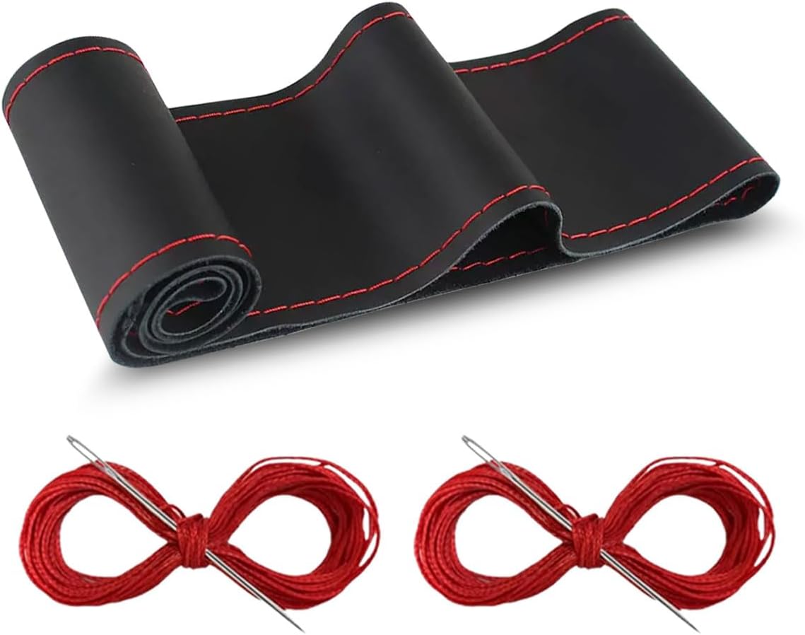 Car Genuine Leather Steering Wheel Cover, DIY Sewing with Needle and Thread, Breathable, and Anti-Slip, Universal 15 Inch Car Steering Wheel Stitching Wrap (Black, Glossy)