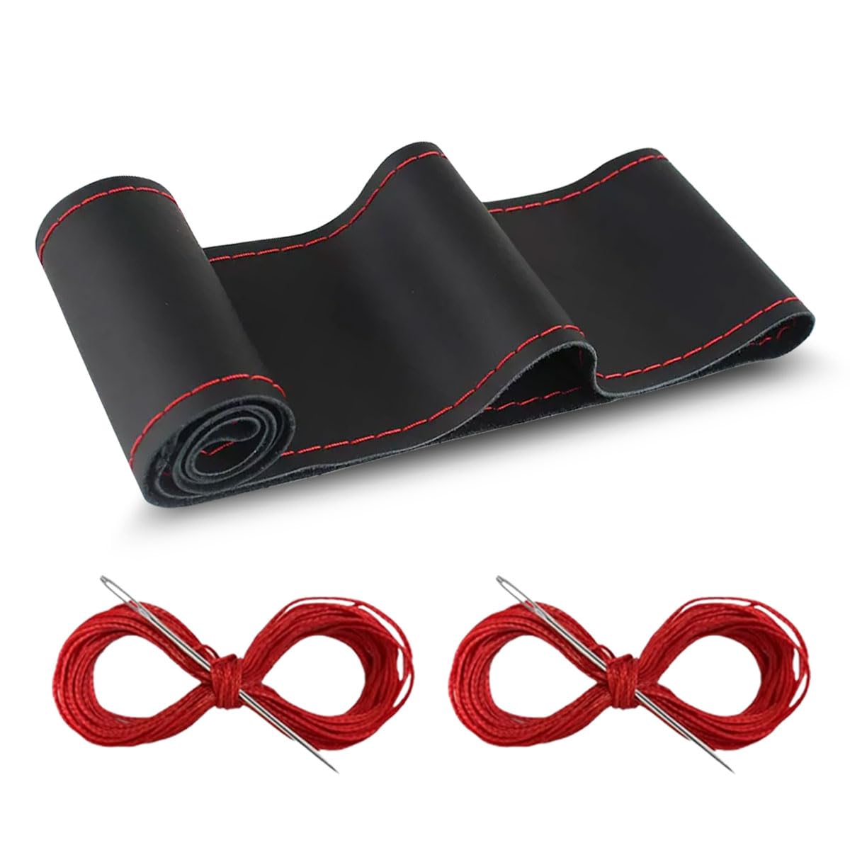 car genuine leather steering wheel cover, diy sewing with needle and thread, breathable, and anti-slip, universal 15 inch car steering wheel stitching wrap (black red, glossy)