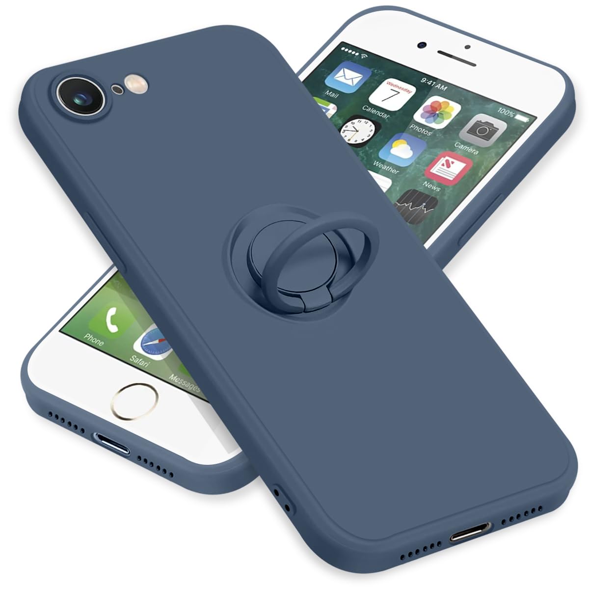 ZHUAZHULE ケース 用の iPhone SE3 iPhone SE2 iPhone8 iPhone7 アイフォンSE 第3世代 第2世代 8 7 スマホケース リング付き シリコン スタンド機能 カバー 耐衝撃 レンズ保護 360°回転 車載ホルダー ストラップホール付き 滑り止め 指紋防止 薄型 （ブルー）
