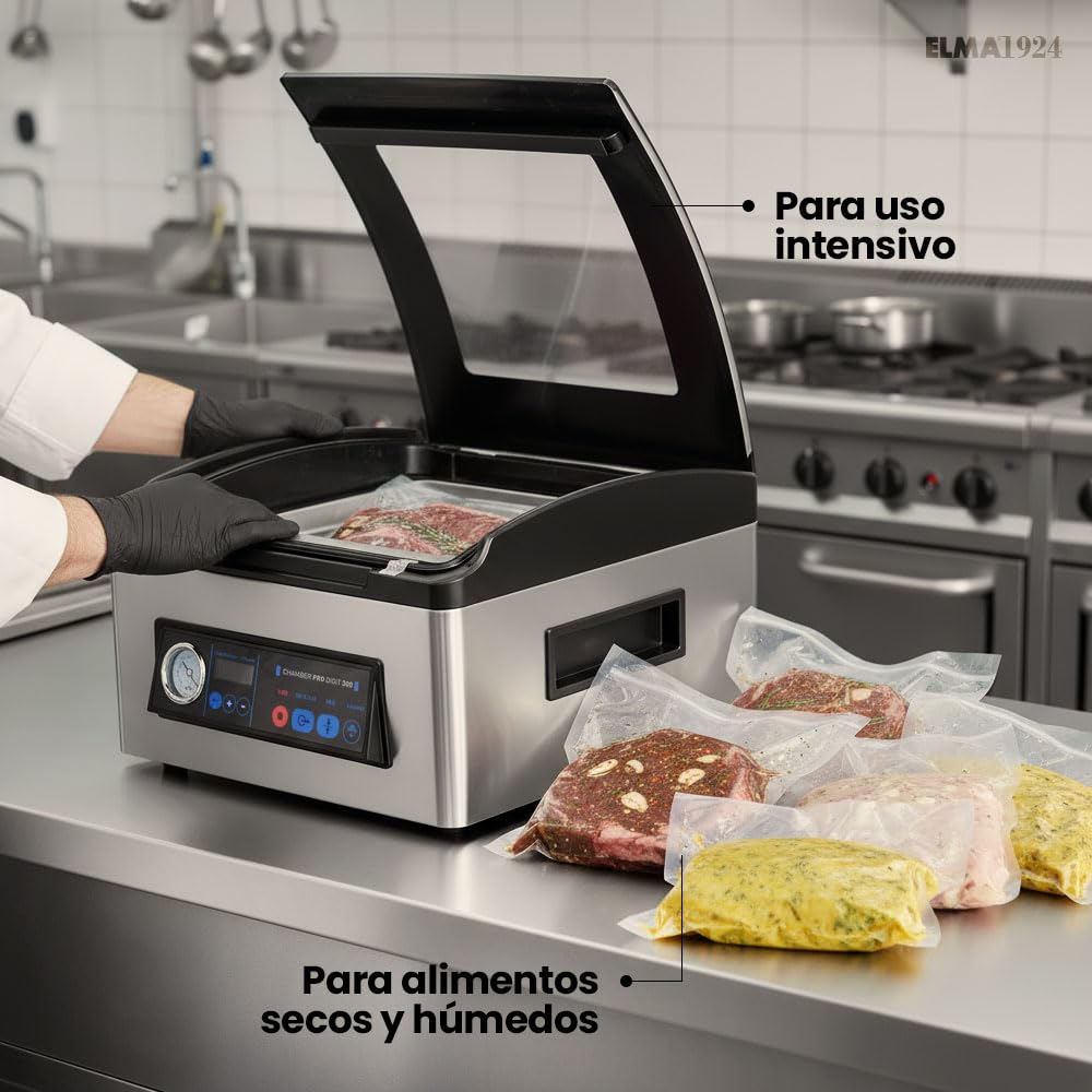ELMA Envasadora al Vacío Profesional Chamber Pro Digit 300 | Uso Intensivo, Barra de Sellado de 30 cm, Permite Envasar y Sellar con Líquidos, 43 x 36 x 23.5 cm, 350 W, Incluye Bolsas al Vacío