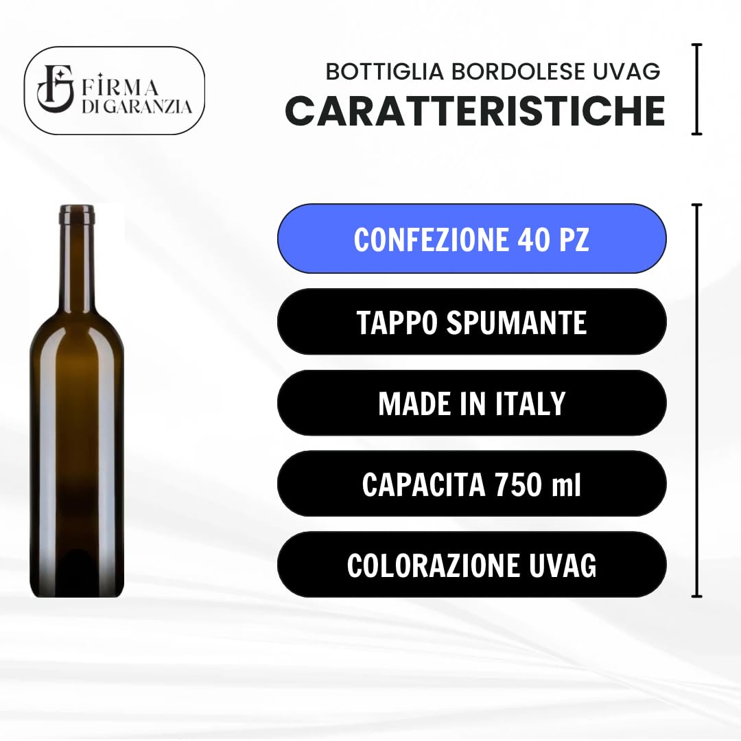 Bottiglia bordolese vuota 750 ml per vino 40PZ - Bottiglia di alta qualità in vetro duro MADE IN ITALY adatta per tappi in sughero o in plastica alettati - Confezione da 20 pz COLORE UVAG