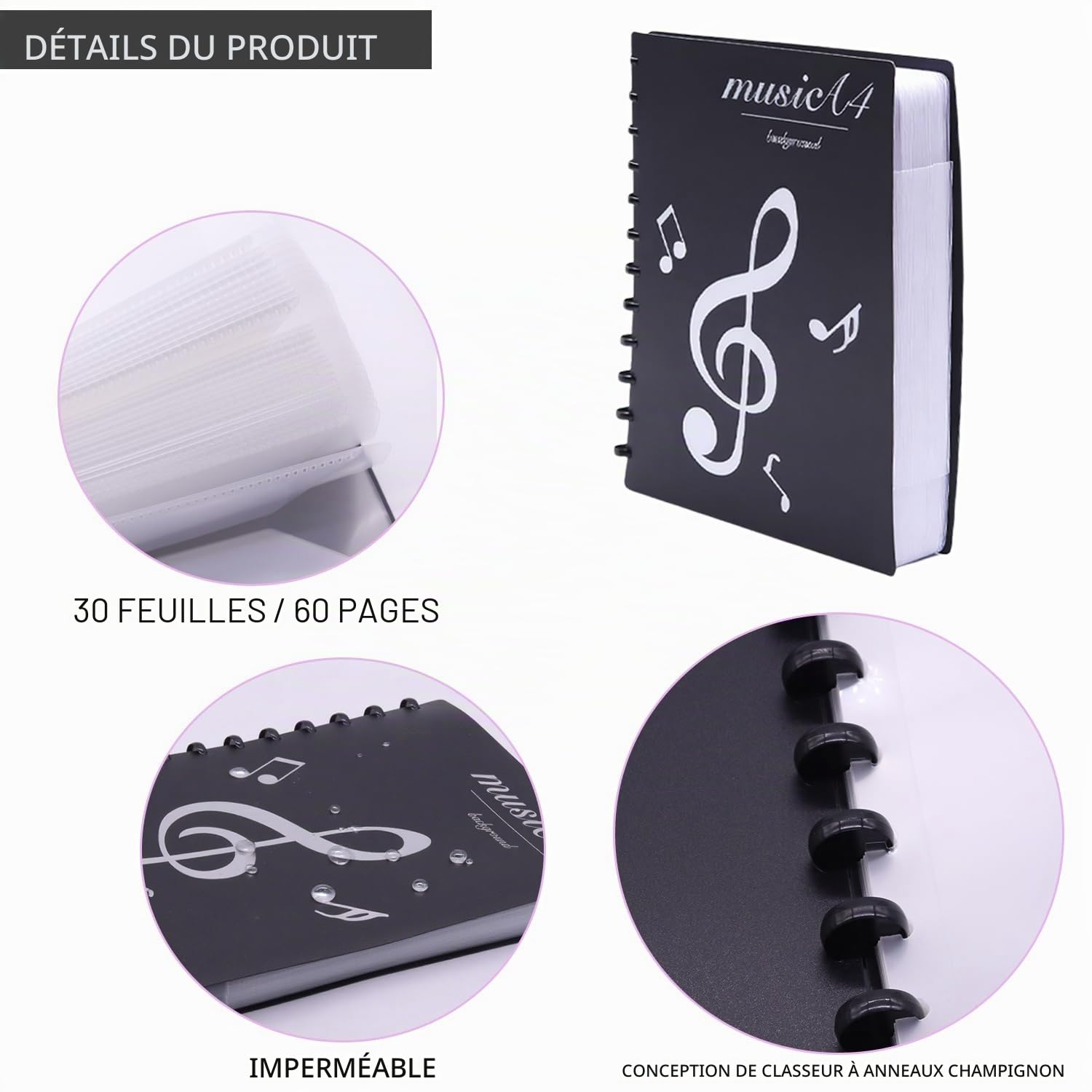 Classeur à partitions A4 Music Sheet Chorale, 60 pages, étanche, pour piano, guitare, violon, dossier de projet de musique, pour musiciens, dossiers à onglets, dossier double face, noir