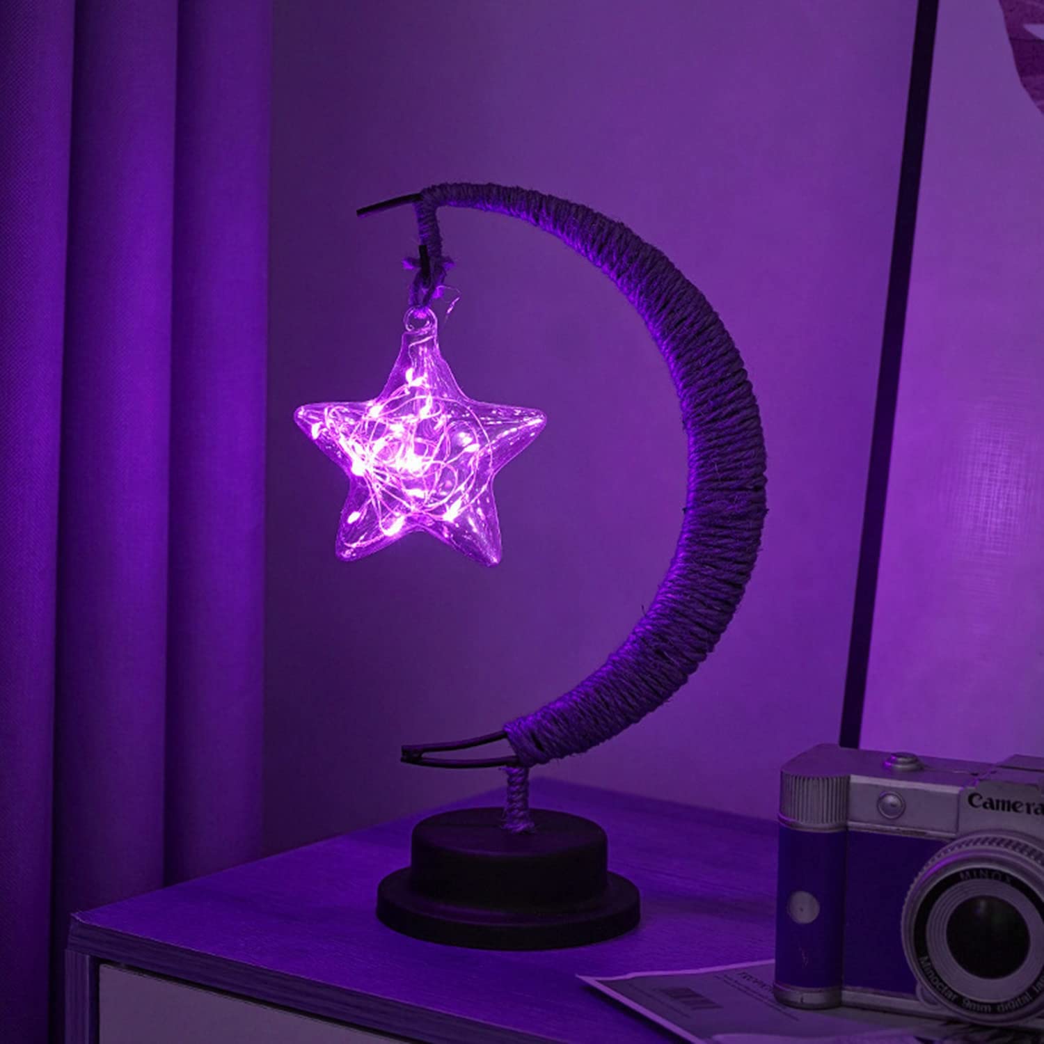LED Decorative Lamp Star Moon Lamp Handmade Iron Night Lamp 3D Magic Moonlight Lamp Bedroom Moon Lamp Christmas Home Decoration USB Power Supply 5.5 * 5.1 * 11 Inch (Pentagonal Purple) — image 1