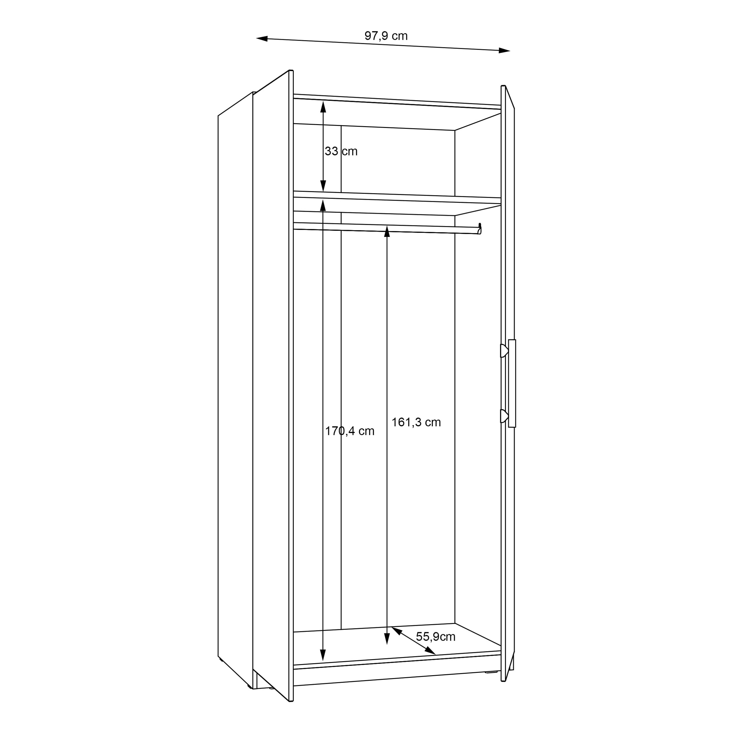 FORTE CADIXO Kleiderschrank 100, 2-türiger Drehtürenschrank, Holzwerkstoff, Artisan Eiche Dekor, 100,9 cm breit, 212,9 cm hoch, 58,9 cm tief