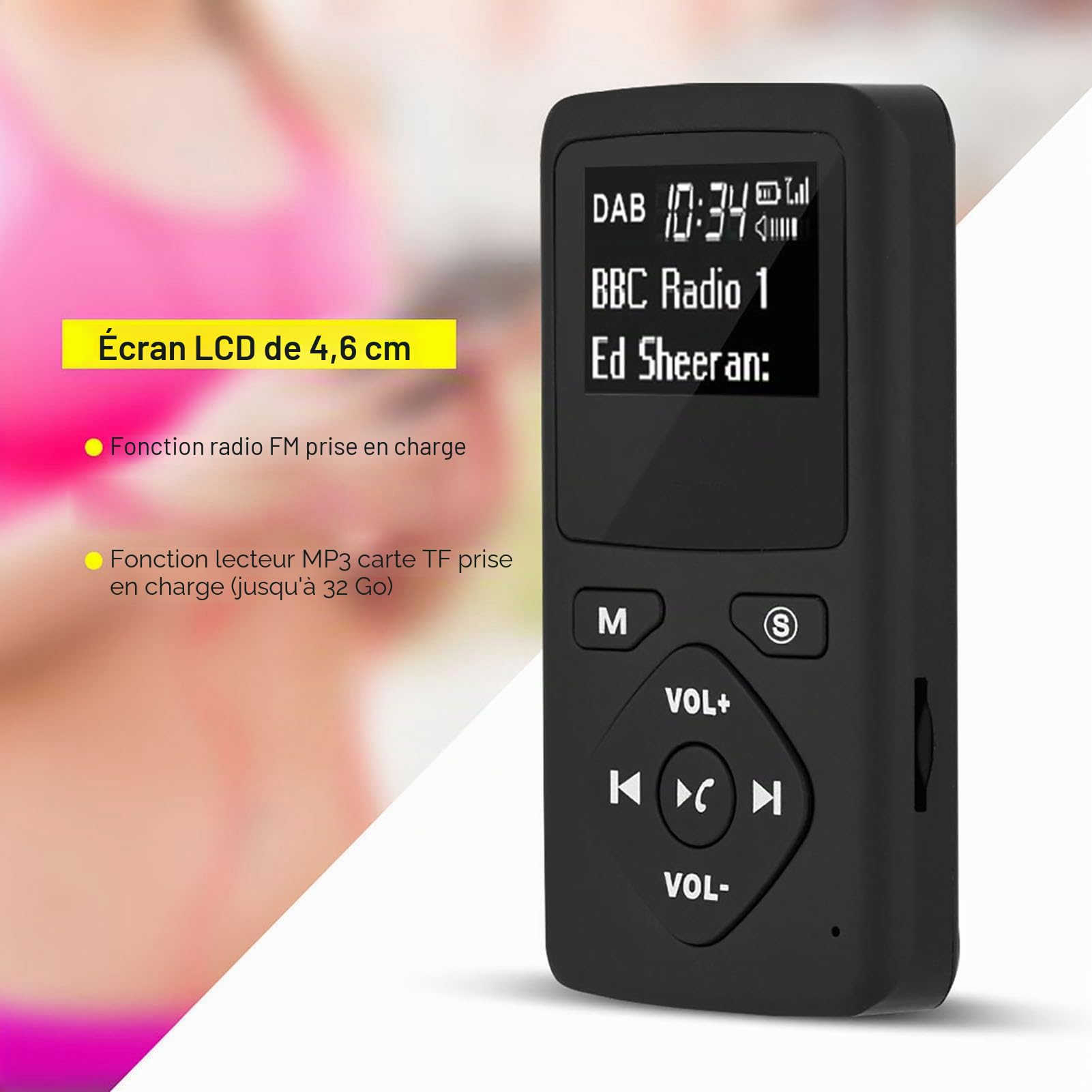 Estink Récepteur Radio Numérique DAB/DAB+ Portable avec Bluetooth, Lecteur MP3, Écran LCD 1,8 Pouces, Carte TF jusqu'à 64 Go, Écouteurs Inclus